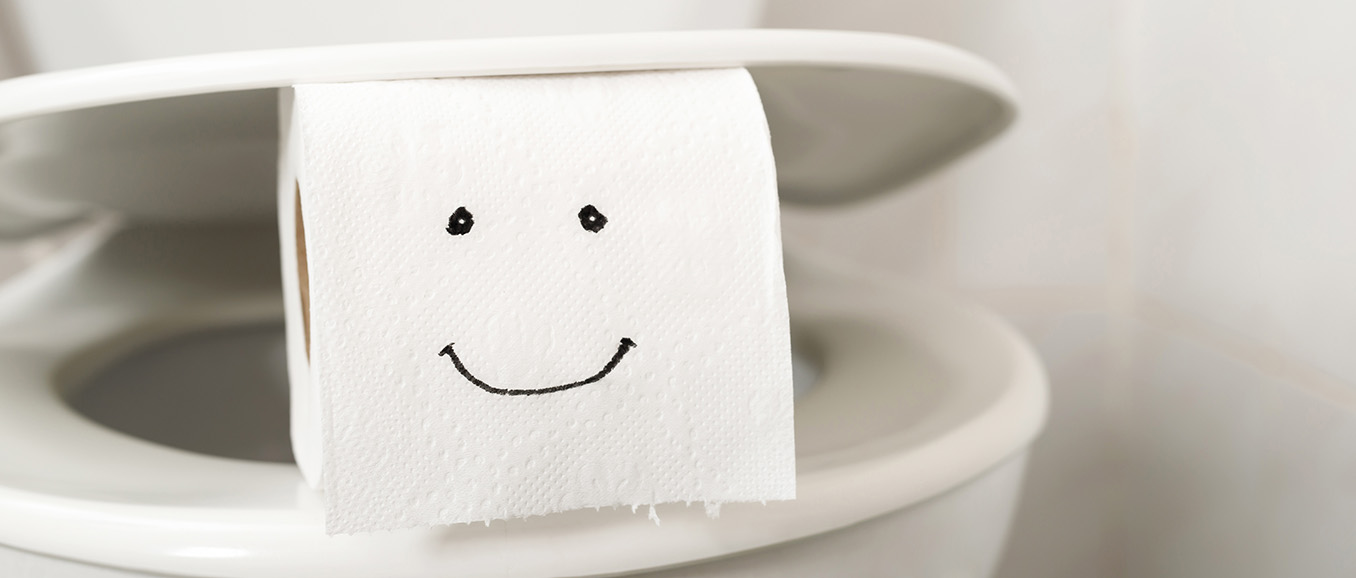 Toilet paper roll with a smiley face drawn on props open a clogged toilet lid
